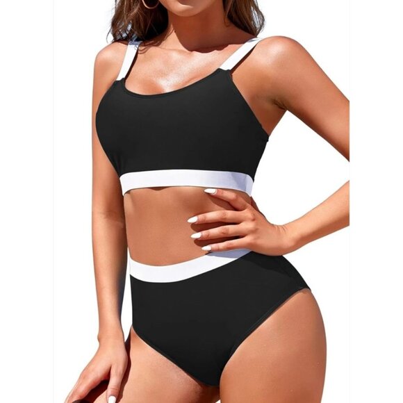 Womens XL High Waisted Bikini Set Colorblock Design Black & White Beach Vacation - Picture 1 of 11